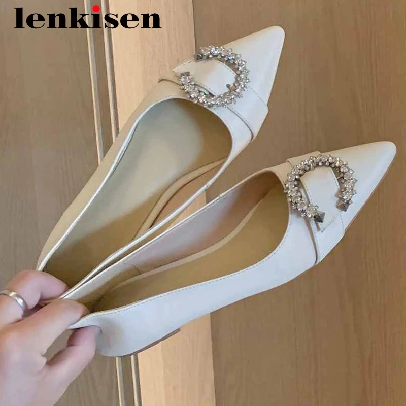 

Lenkisen 2021 new spring shoes full grain leather buckle decorations pointed toe low heel slip on leisure dress women pumps L26