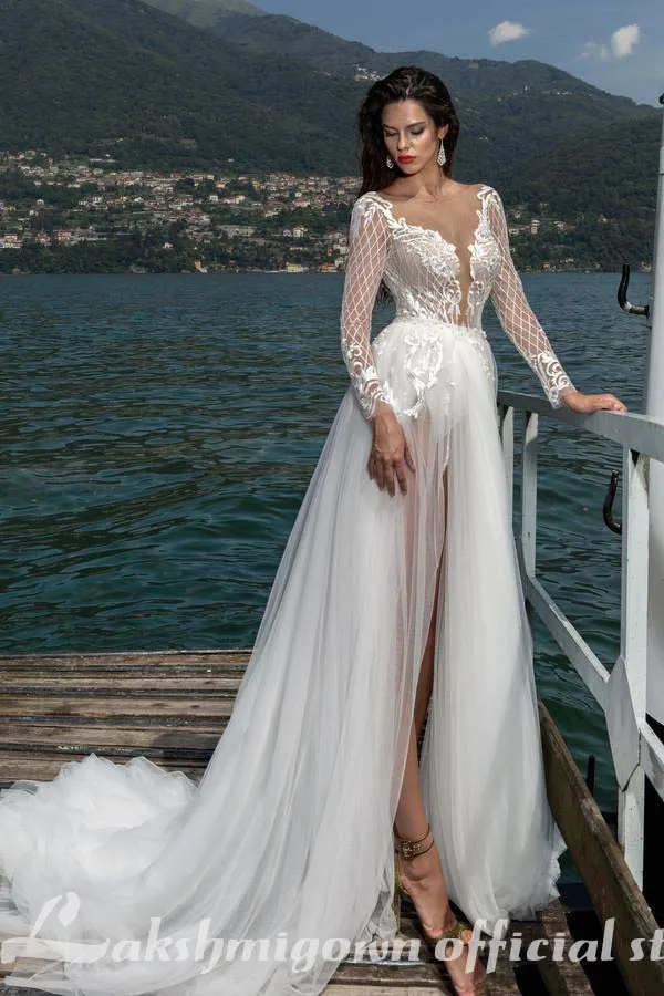 Пикантные Пляжные Свадебные платья Воротник Sheer Jewel Длинные рукава с кружевной