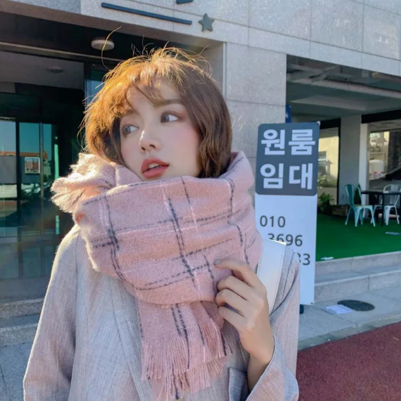 

Шарф женский зимний в Корейском стиле, Универсальный Новый студенческий клетчатый японский плотный теплый большой шаль, слюнявчик двойног...