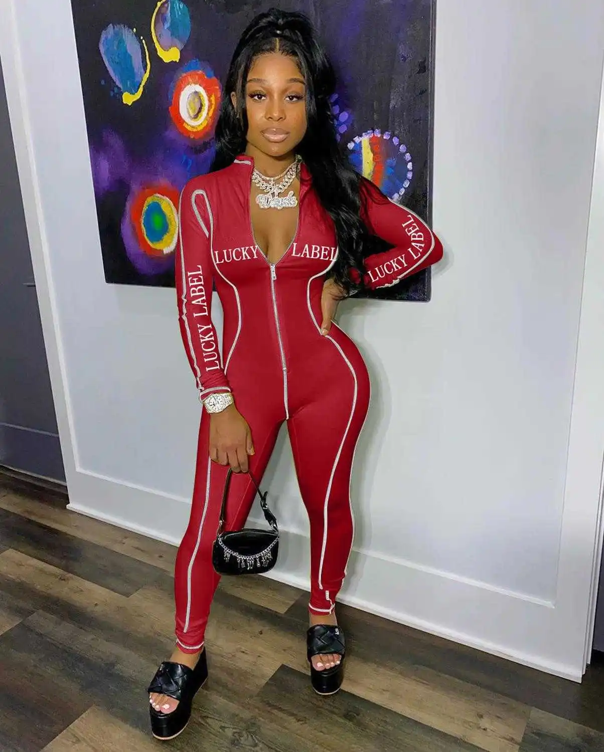 

Lucky Label Bodycon Jumpsuit Women Black Romper Zipper Long Sleeve Bodysuit Fitness Sport Overalls Catsuit Streetwear