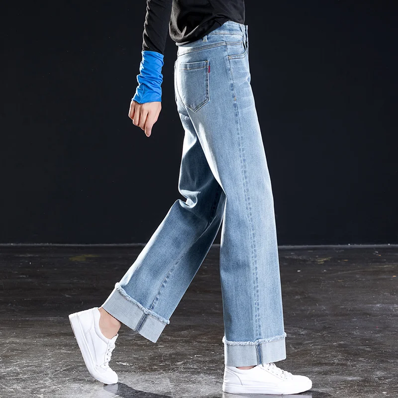 

Free shipping women cuffs wide leg ankle length jeans high waist loose casual pants fashion ladystraight trousers