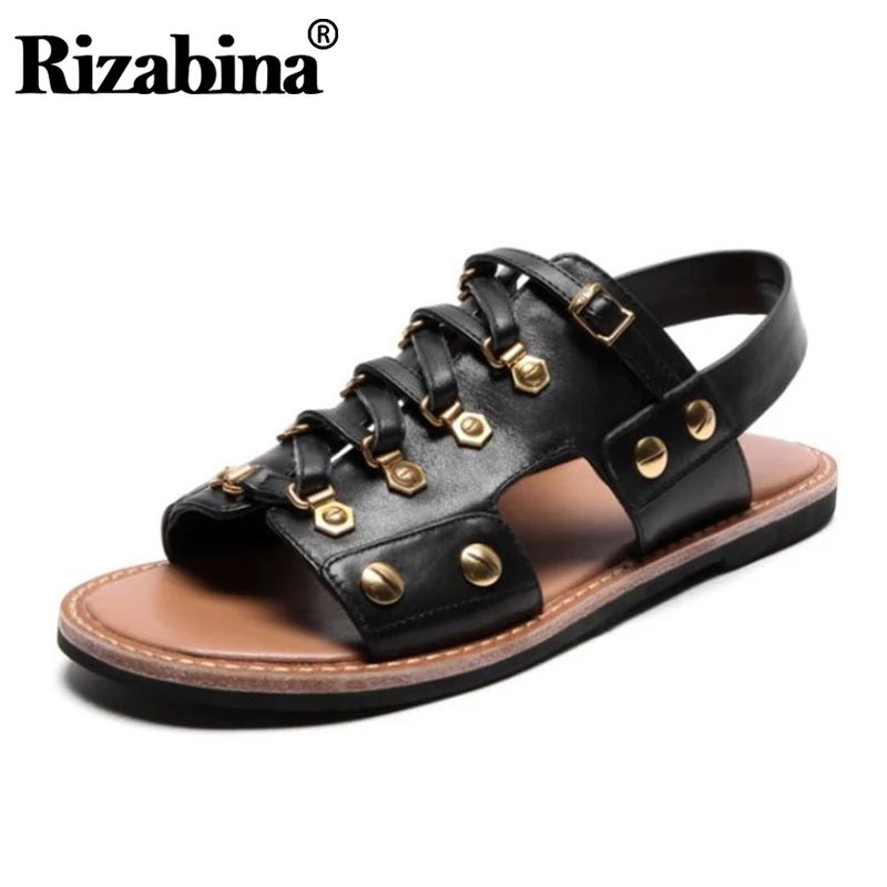 RIZABINA/Модные женские сандалии с заклепками из натуральной кожи в стиле панк