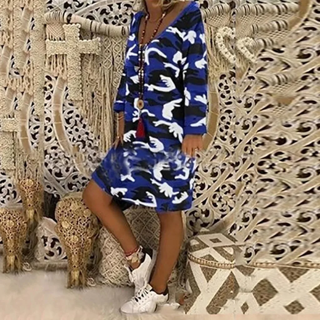 Женское камуфляжное платье с v-образным вырезом длинным рукавом и капюшоном |
