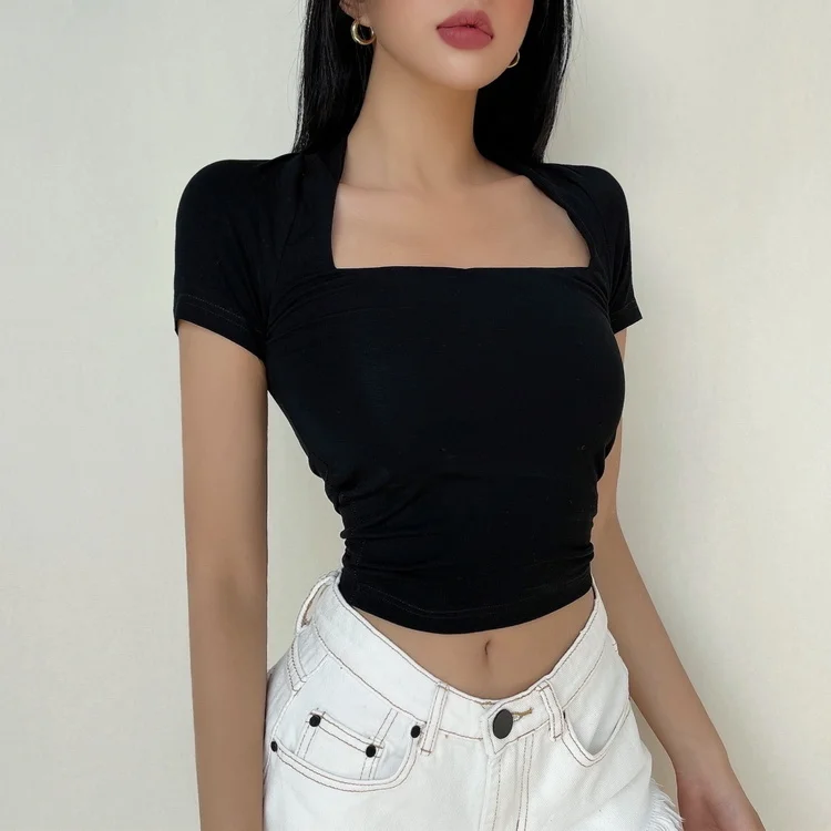 

TVVOVVINSexy Hot Girl квадратный вырез тонкая короткая футболка с коротким рукавом женская летняя Базовая футболка Топы корейские женские ZJ7J