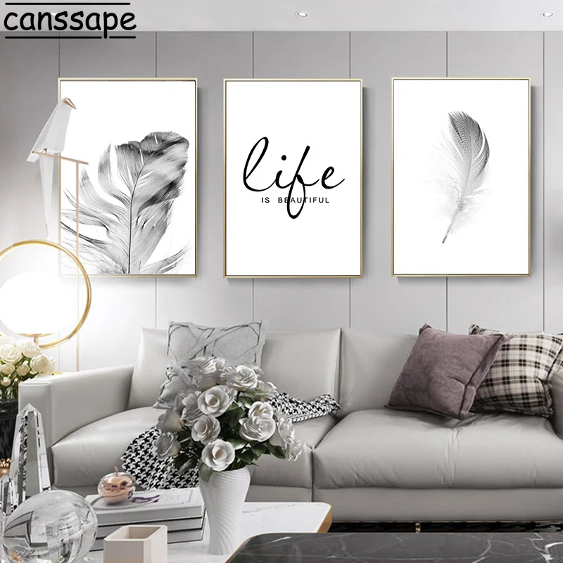 

Black And White Wall Paintings Flower Art Posters Feather Canvas Prints Dandelion Poster Nordic Wall Pictures Home Decoration