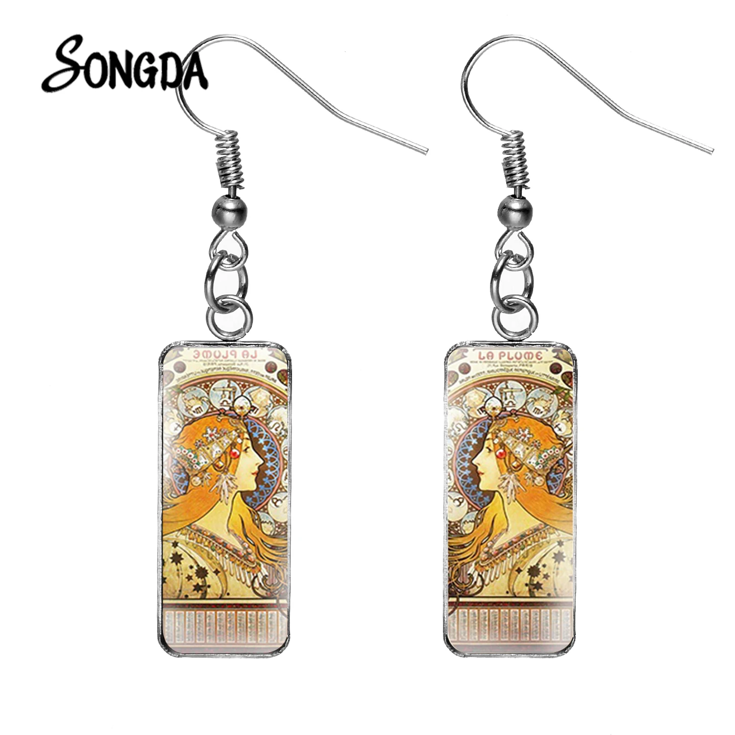 

Alphonse Mucha Art Nouveau Paintings Rectangle Earrings Handcrafts Transparent Glass Cabochon Dangle Earrings for Women Brincos