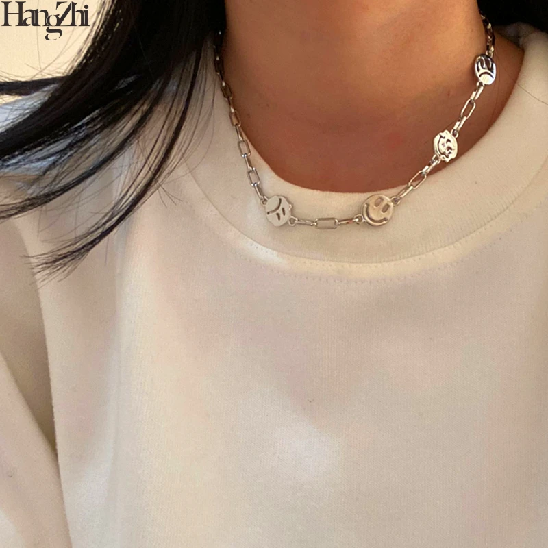 HangZhi 2021 New Popular Smille Sad Face Copper Gold Plated Metal Link Chain for Women Men Punk Choker Necklace Jewelry