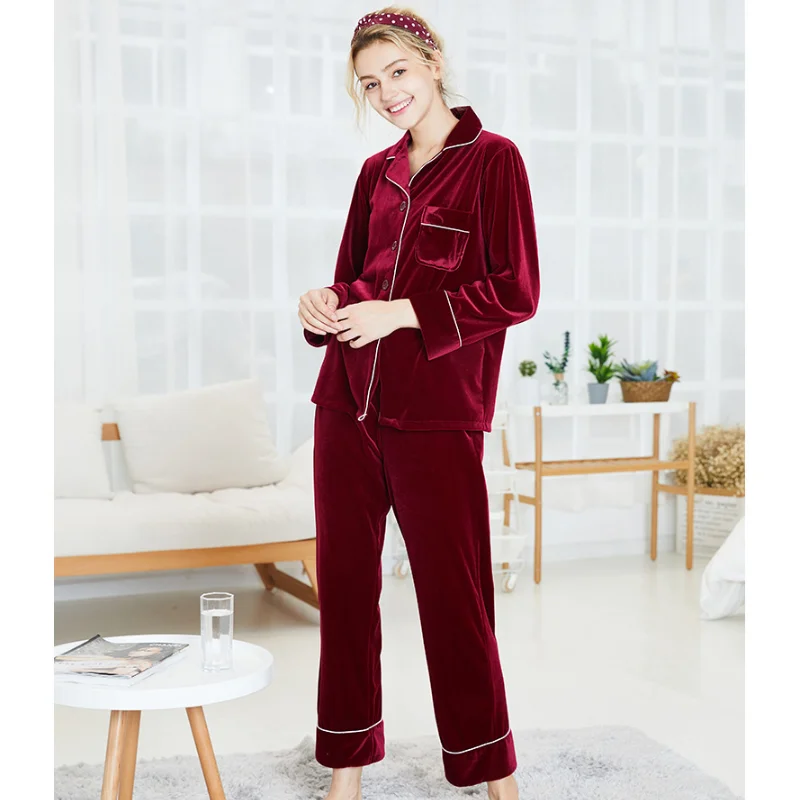 

Spring And Autumn Women's Pajamas Solid Two-piece Golden Velvet Long Sleeve Long Pants Homewear Comfortable Casual Set Nightwear