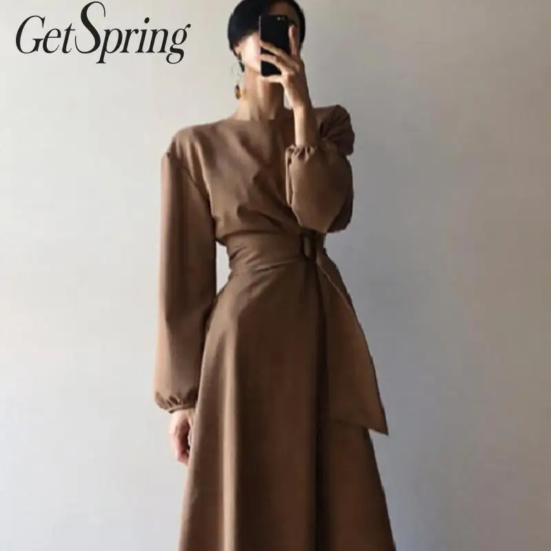 Женское винтажное платье GetSpring черное с поясом и высокой талией весна 2020|Женские