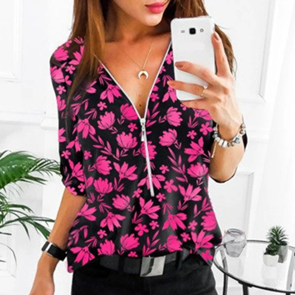 Модный женский Повседневный пуловер на молнии с цветочным принтом v-образным