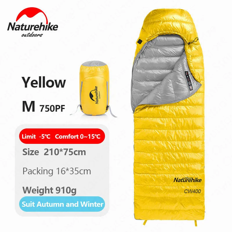 Yellow-M-750FP Naturehike Кемпинг CW400 зимний сверхлегкий спальный мешок гусиный пух 750FP конверт спальный мешок нейлон водонепроницаемый портативный путешествия - Цвет: Yellow-M-750FP
