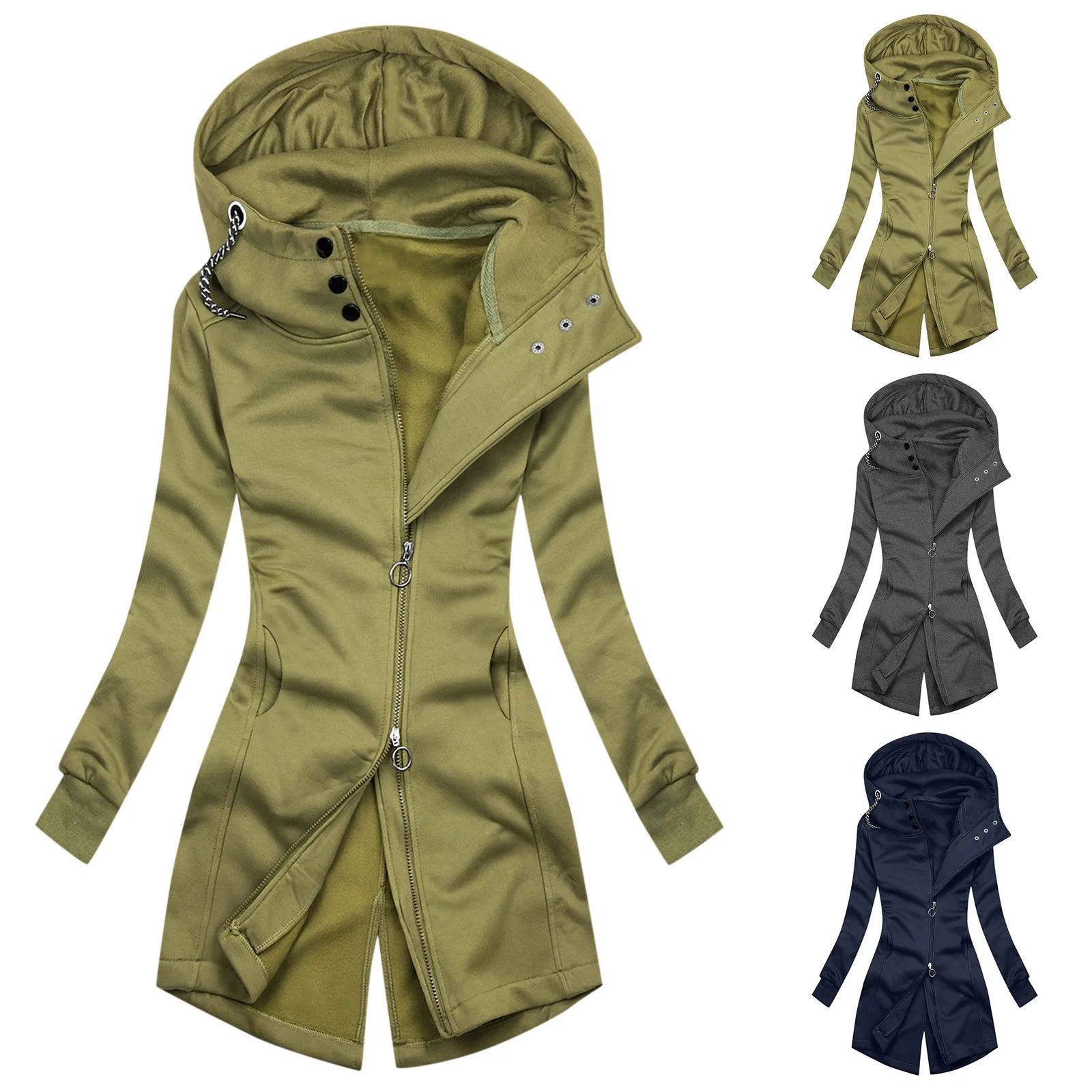 

Women Hooded Coat Plus Size Open Front Sweatshirt Fall Winter Solid Color Pockets Zipper Slim Jacket