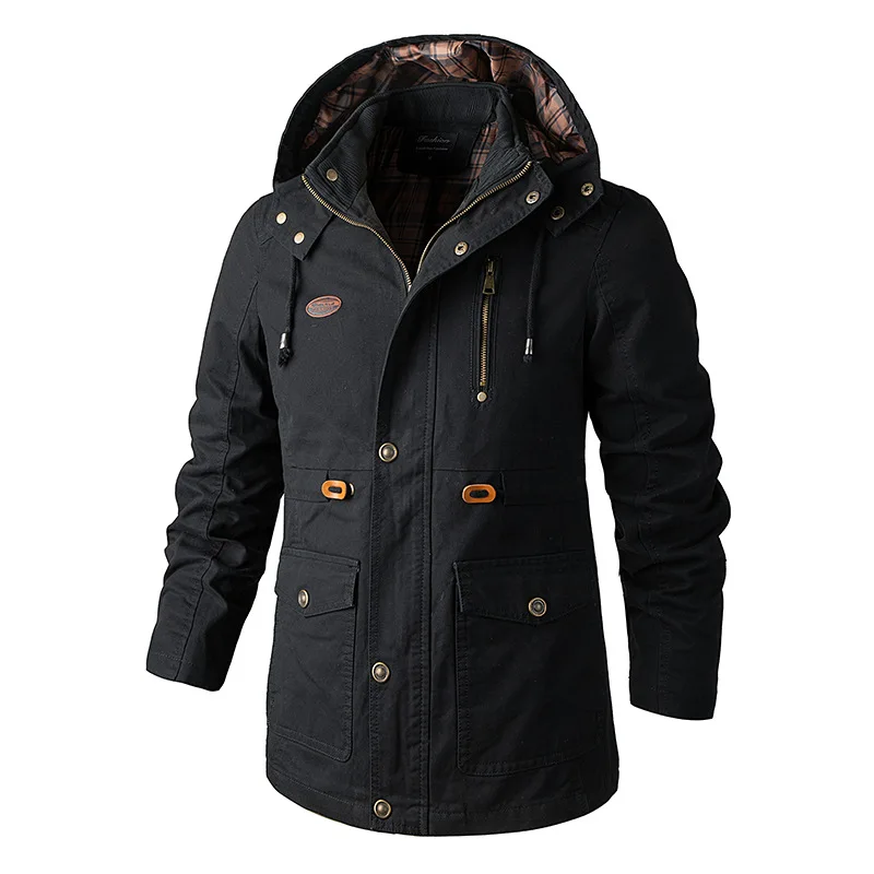 

autumn tooling jacket men's mid-length trendy brand European and American men's large size jacket hooded windbreake