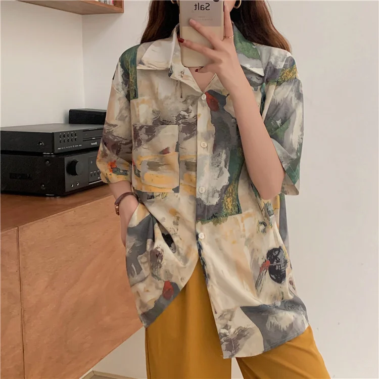 

Short-Sleeved Shirt Women's New Summer Retro Hong Kong Style Design Sense Niche Oil Painting Mid-Length Shirt Top