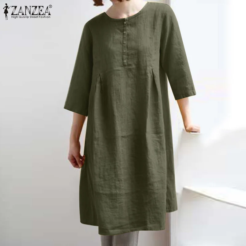 

Женское летнее платье с круглым вырезом ZANZEA, офисный сарафан из органической кожи с рукавом 3/4 и пуговицами, однотонное платье до колена