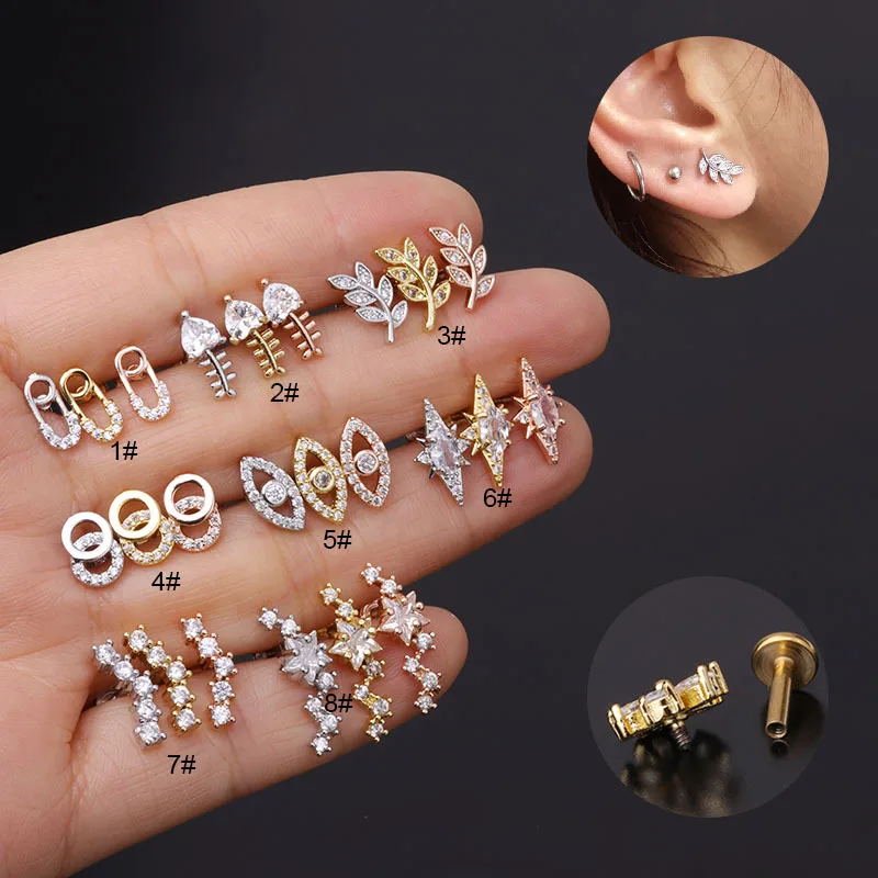 New 1PC 16G Cross Star Cz Ear Studs Tragus Helix Ear Piercing Earring Conch Rook Tragus Stud Labret Back Piercing Jewelry