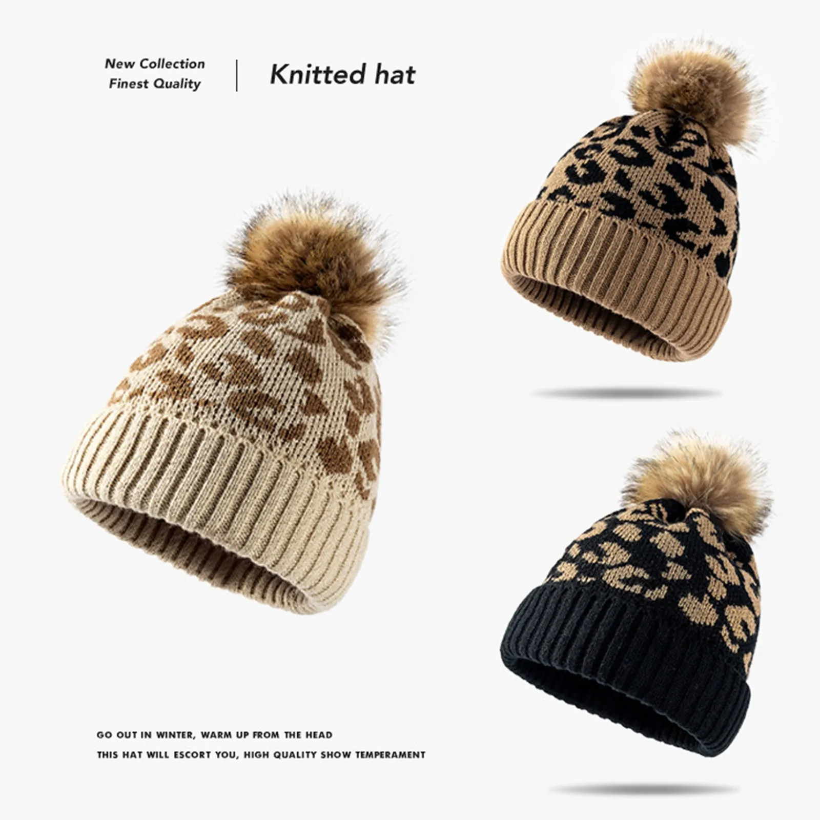 

Женская трикотажная шапка с помпоном, мягкая шапка с леопардовым принтом в стиле хип-хоп, Осень-зима 2021