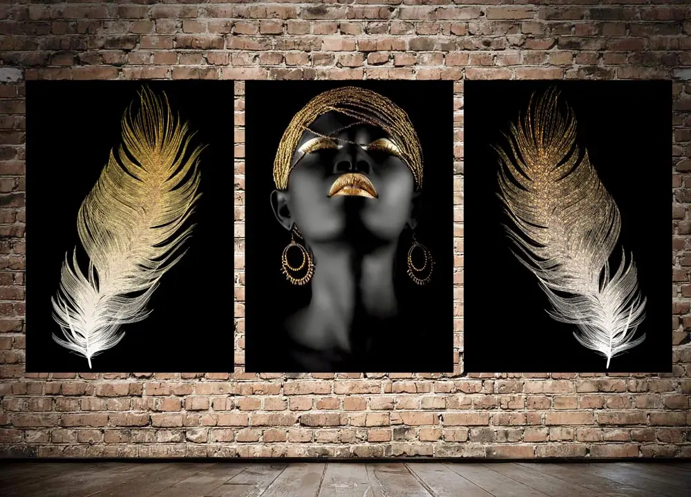 

African Woman and Feathers Home Decor Wall Art Canvas Print dkm-k41-a -3 Pieces 50x70cm