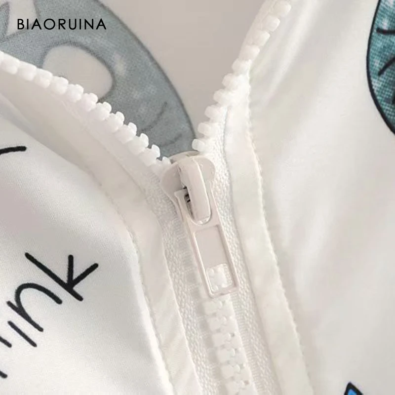 BIAORUINA, Женский Тренч с мультяшным принтом, Повседневный, длинный, с капюшоном, женский, солнцезащитный, свободный, верхняя одежда, корейский стиль, модные пальто