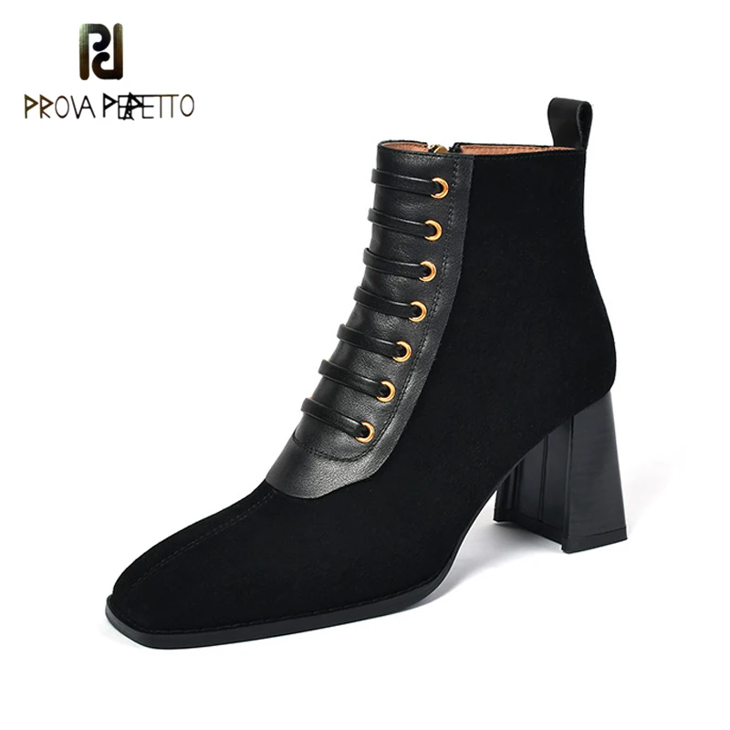 

Autumn/winter New Style Square Toe Retro Nubuck Leather Stitching Lace-up Thick High-heeled Cashmere Short Tube Martin Boots