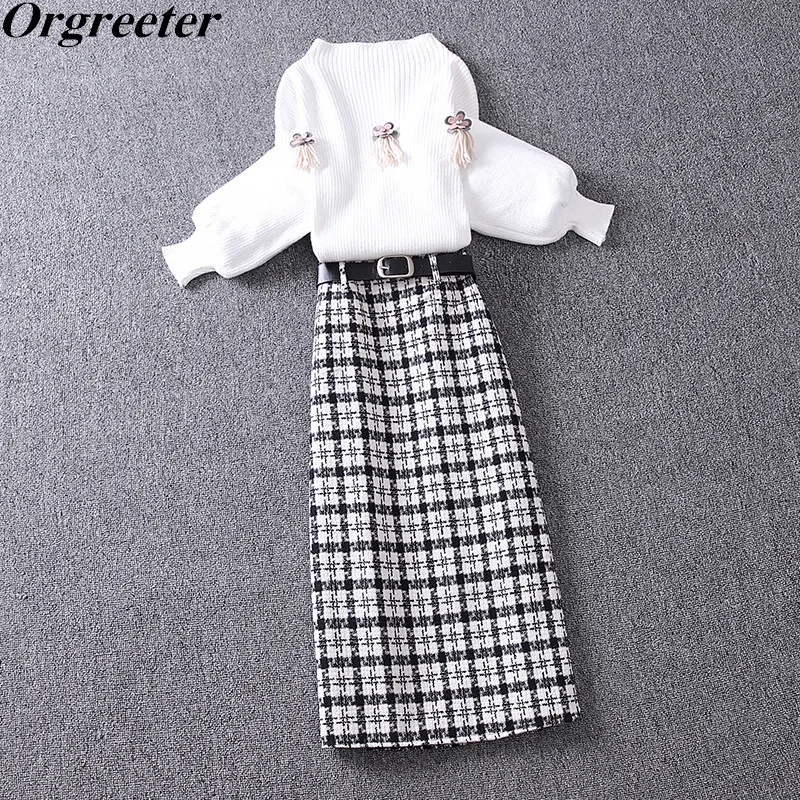 

Elegant OL Tweed Plaid Mid Skirt Suits for Women Fall Winter Lantern Sleeve Appliques Sweater +Woolen Long Skirt Two Piece Sets