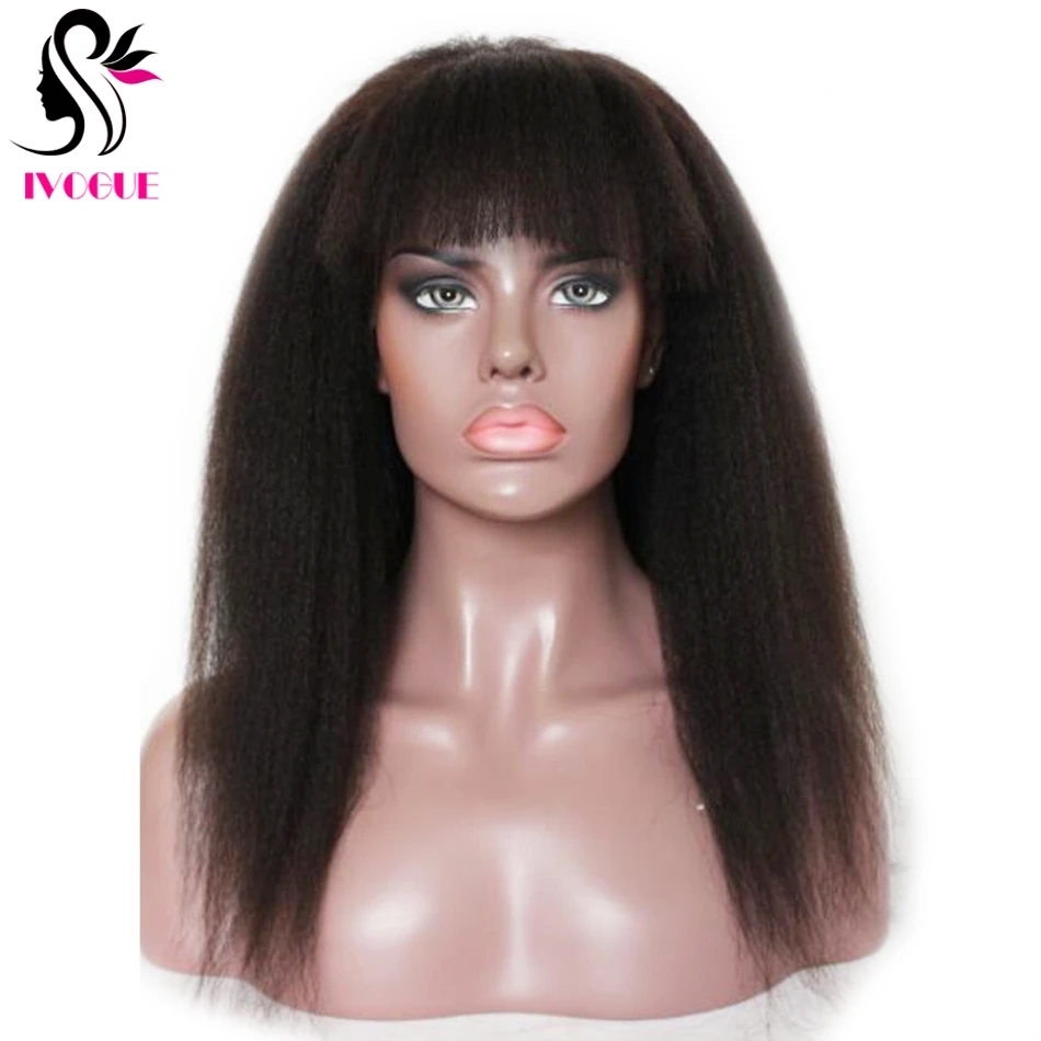 Прямые Парики Yaki из натуральных волос с челкой монгольские волосы Реми на коже