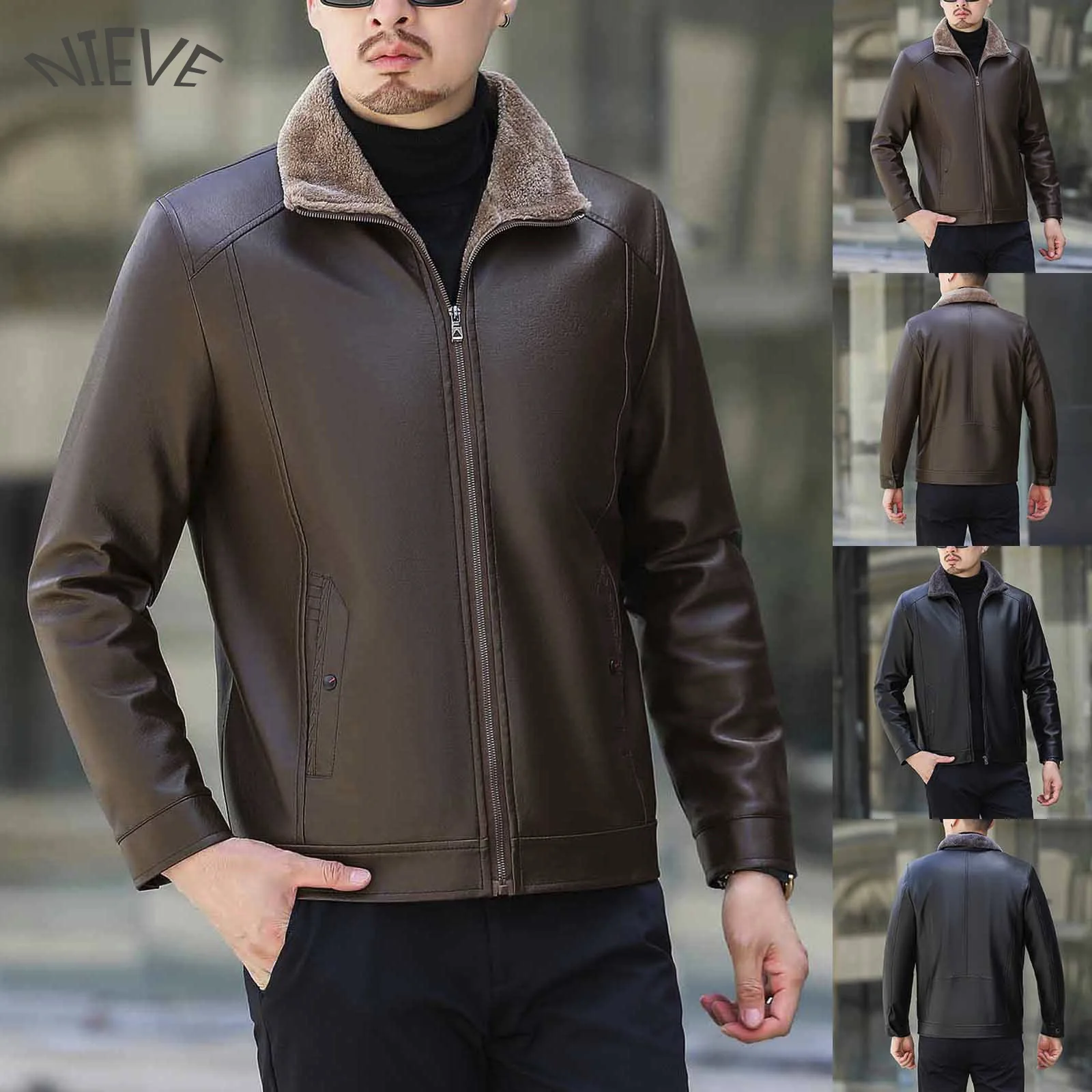 

Модная плюшевая куртка с лацканами, простая однотонная кожаная куртка с карманами и длинными рукавами, кожаное пальто, Повседневная Улична...