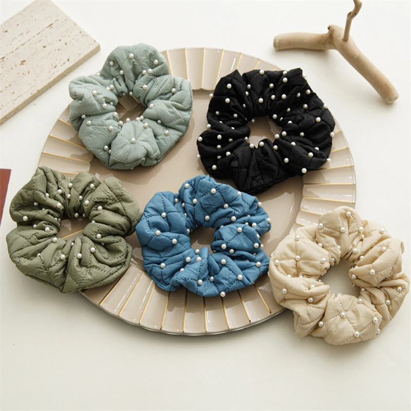 

Down Fabric Pearls Scrunchies Ponytail Holder Hair Tie Large Intestine Hairband Winter Hair Accessories All-match Headwear