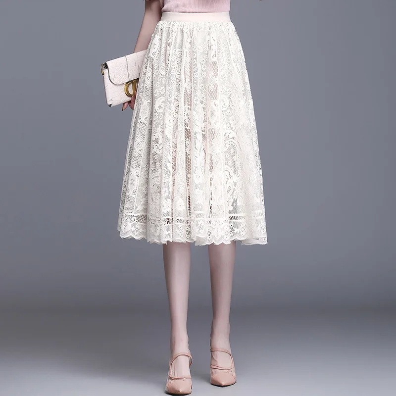 

2021 Summer New Elastic High Waist Thin Lace Skirt Hollow Mesh Skirt Women Skirts Womens Skirt