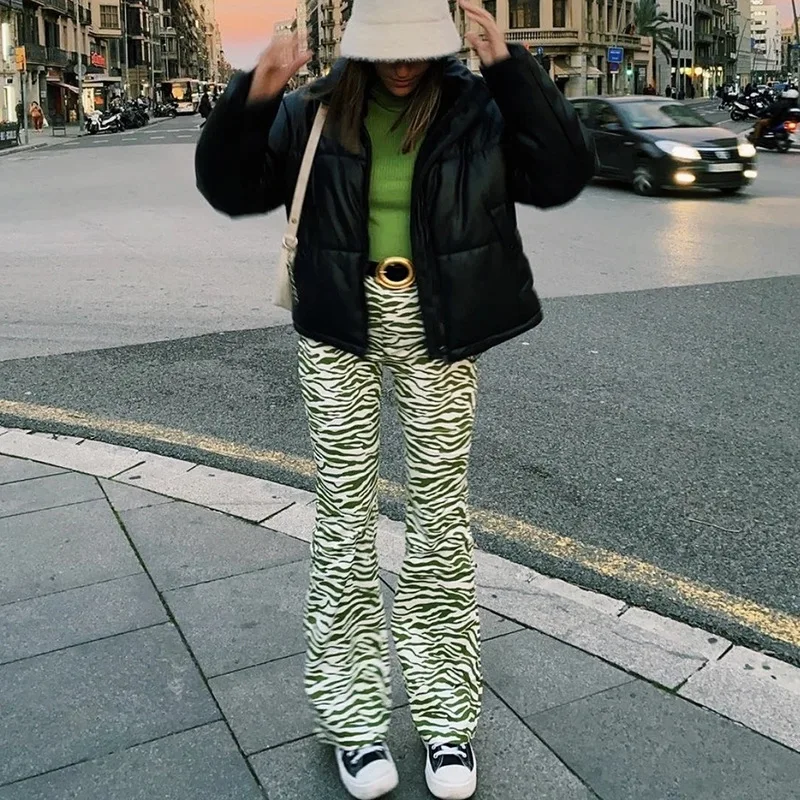 

Женские широкие брюки с принтом зебры, повседневные уличные брюки микро-ла зеленого цвета, весна-осень 2021