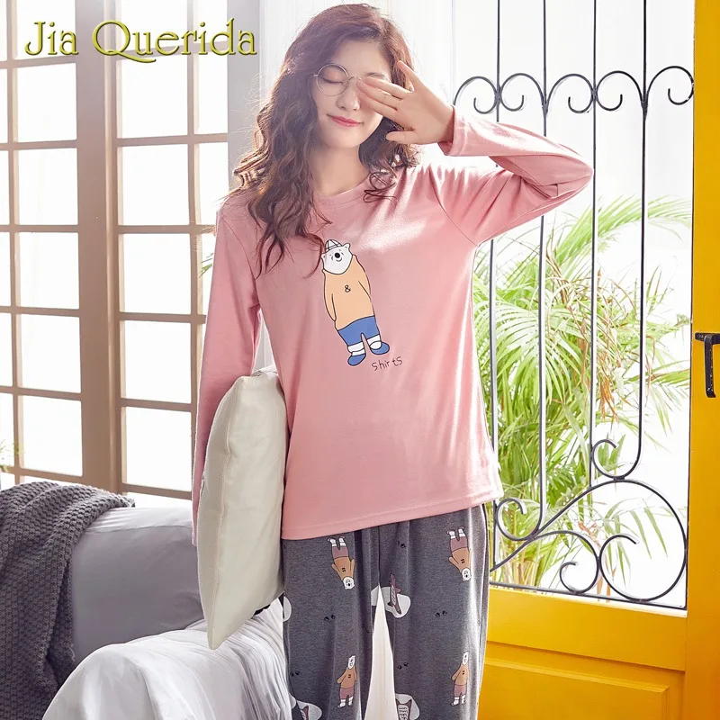 Пижама женский костюм розовый серый о-образный воротник рубашка с длинными