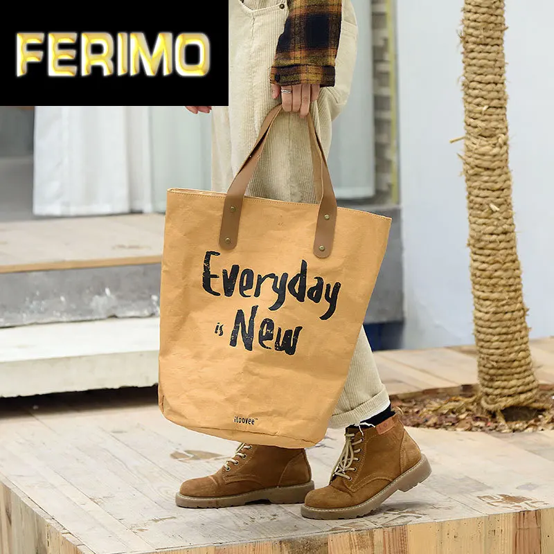 

1pc Waterproof Tyvek Brown Kraft Paper Bag Durable Reusable Hand Bag Leakproof Retro Leisure Big Paper Gift Bag Tote Bag