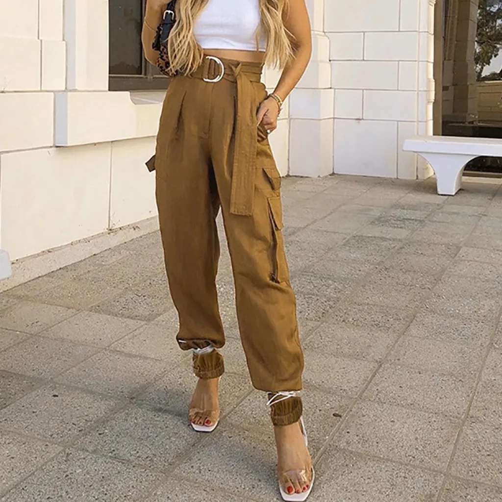 Весенние женские брюки с высокой талией в стиле хип хоп поясом на молнии