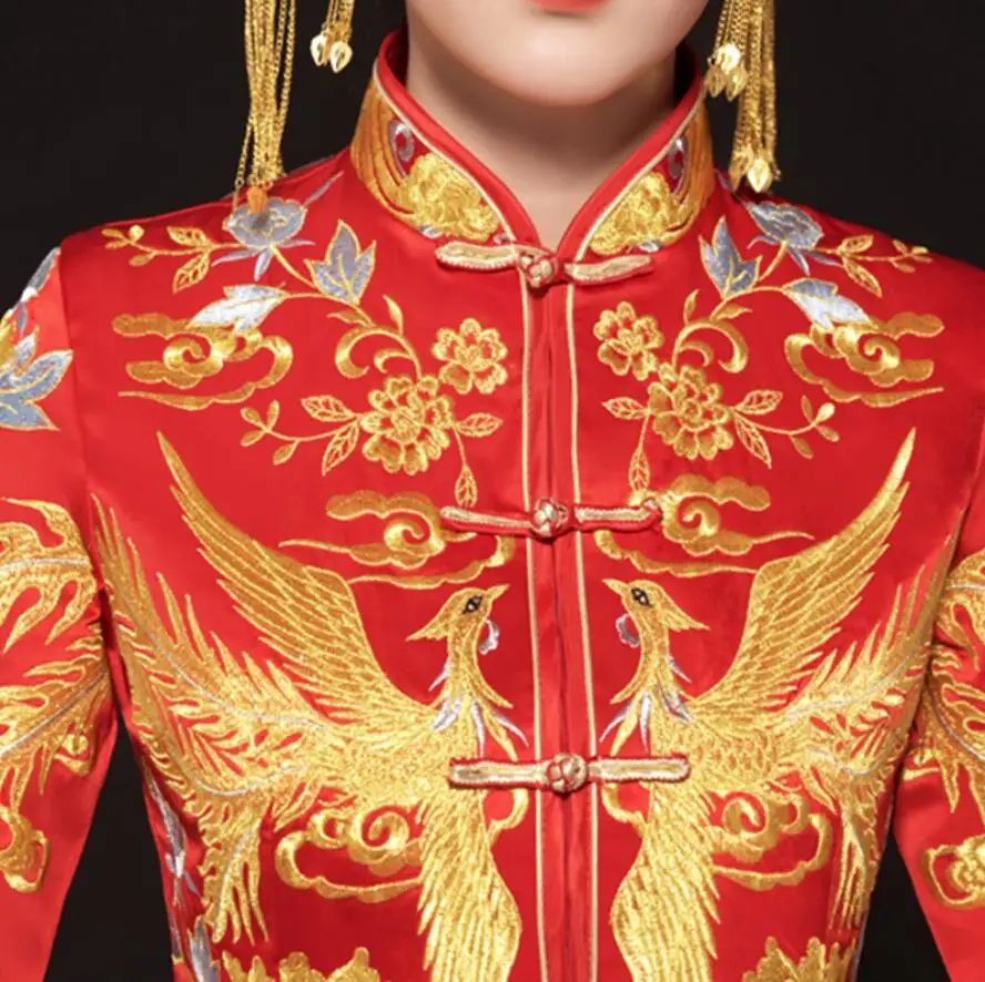 

Red embroidery style formal dress royal phoenix wedding cheongsam costume bride vintage Chinese traditional Qipao