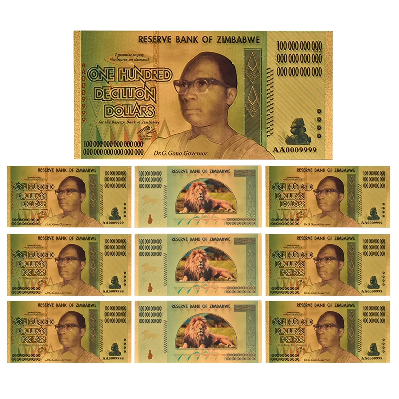 10pcs Dececillion Zimbabwe$ Z100 триллион/100 кинтриллион/5 октиллион/100 декальон долларовые банкноты из золотой фольги реплики банкнот Бумажные деньги бизнес подарок - Цвет: 10pcs Dececillion
