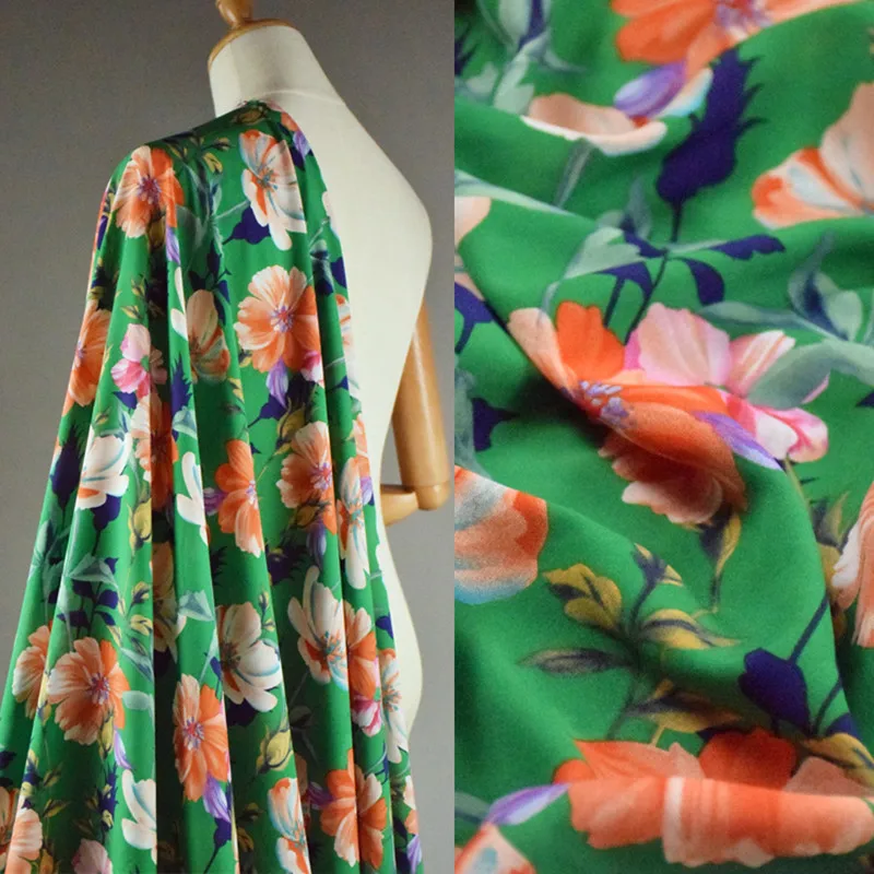 Tela de gasa elástica de medio metro para vestido, camisa Cheongsam, Material suave, CR-1211, fruta verde, flor grande, primavera y verano