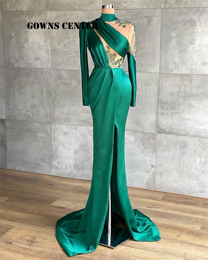 Vestidos de Noite Esmeralda Verde Sereia Alta Fenda Plena Manga Apliques Elegante Noite Vestidos Festa Formal Longo Vestido