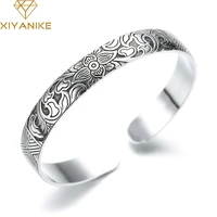 xiyanike new fashion silver color cuff bracelet charm women vintage lotus flower religious party jewelry adjustable