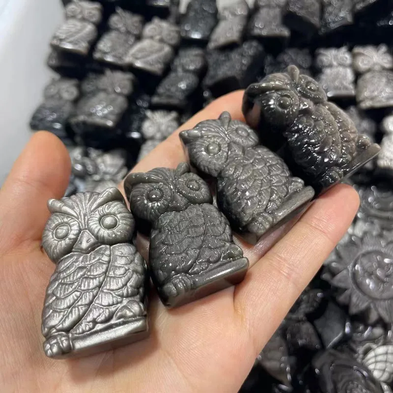 

1PC Natural Hand Carved sheen obsidian Butterfly owl Statues Crystal Animal Cute Carving Figurine For Christmas Gift