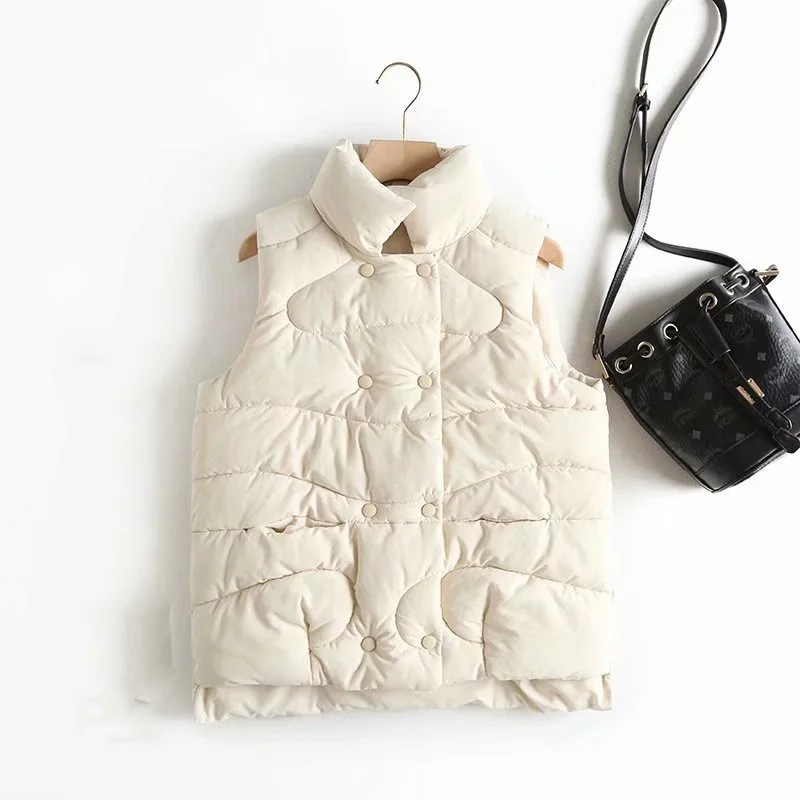 Бежевый Autumn Winter Vest Solid Collar Double-Breasted Cotton Vest Jacket Female Casual Warm Vests Women's Sleeveless Jacket Coat - Цвет: Бежевый
