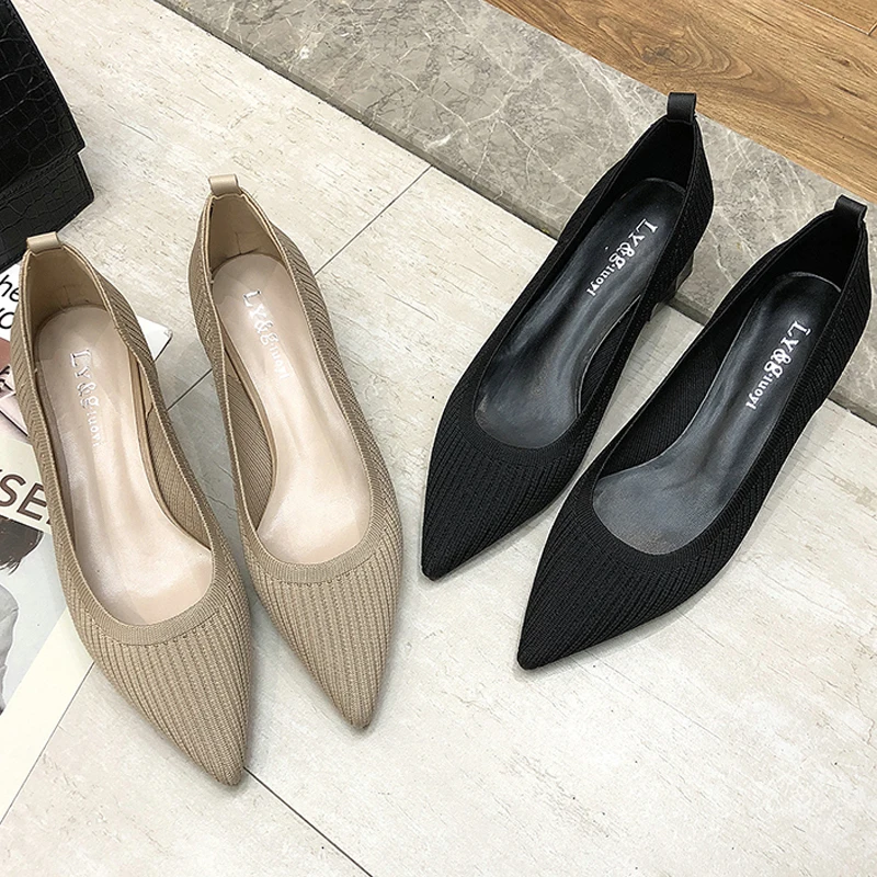 

Pumps Women Medium Square Heel Shoes Slip-on Casual Shoes Pointed Toe Shallow Shoes Beige Black Size 35-40 Ladies