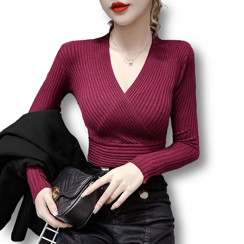 

Sexy Knitted Women Sweater And Pullovers V-Neck Long-Sleeved Elastic Slim Lady Elegant Pulls Outwear Tops
