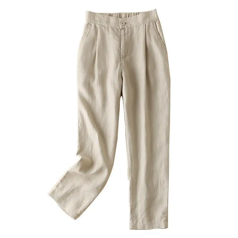 

Casual Women Pants Linen Pant Khaki White Black Stretch Straight Pant Female Loose Spring Autumn Ankle Length Harem Capris 2021