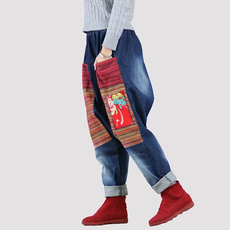 2020 осенние джинсы в этническом стиле с цветочным принтом женские мешковатые