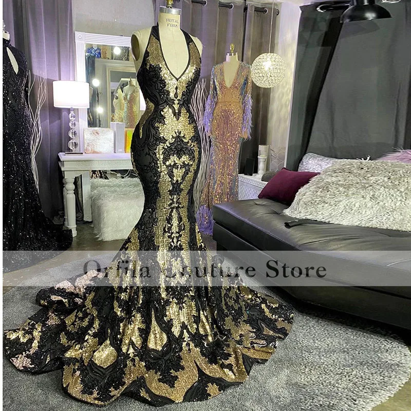 

Long Mermaid Nlack Sequins Arabic Evening Dress 2021 Robes De Soiree Longue Prom Dress Abendkleider 2021 Lang