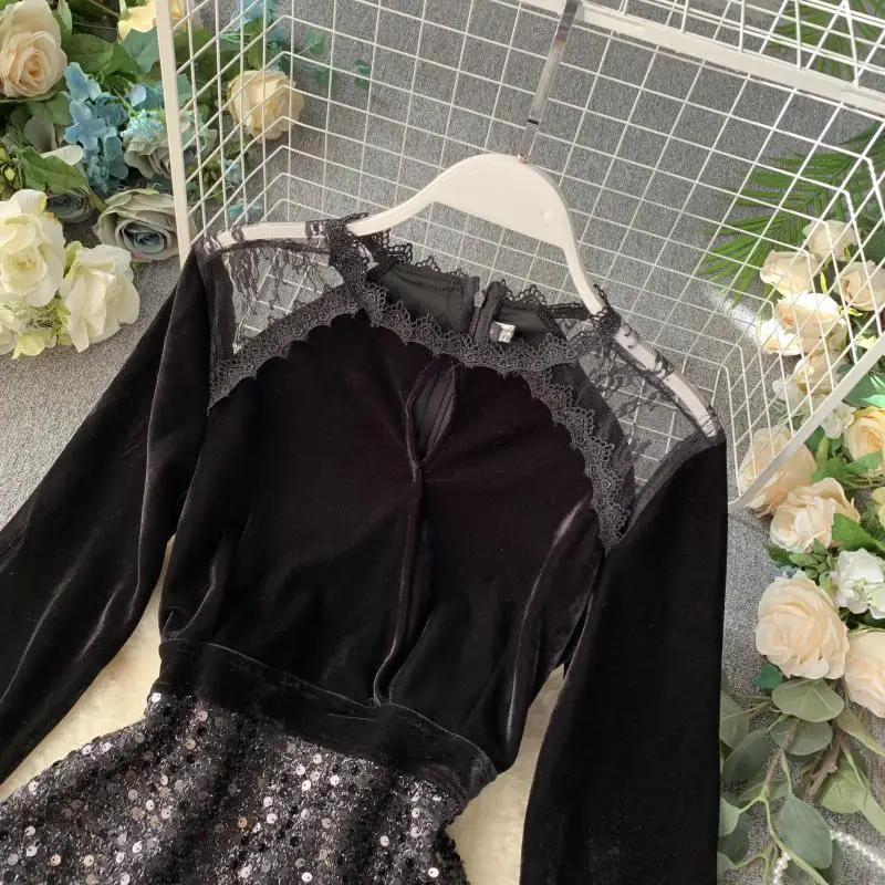 Осень-зима 2019 новинка женское платье с круглым вырезом и рукавом-фонариком