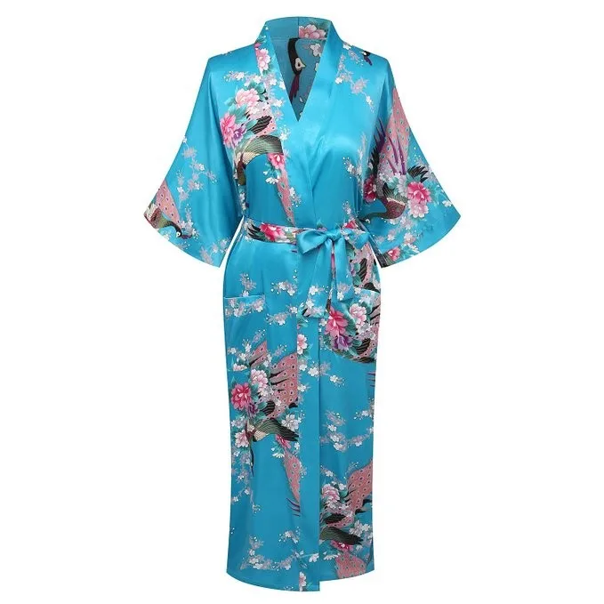 Светло голубой Женский Искусственный шёлковый банный халат китайский стиль