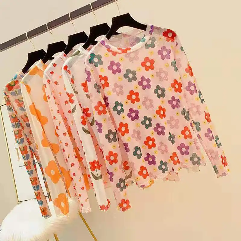 

Women Cool Sunscreen Floral Print Base T-shirt Long Sleeve T-shirt Women's Spring Summer Slim Fit Mesh Top Sunscreen Tees P3 108