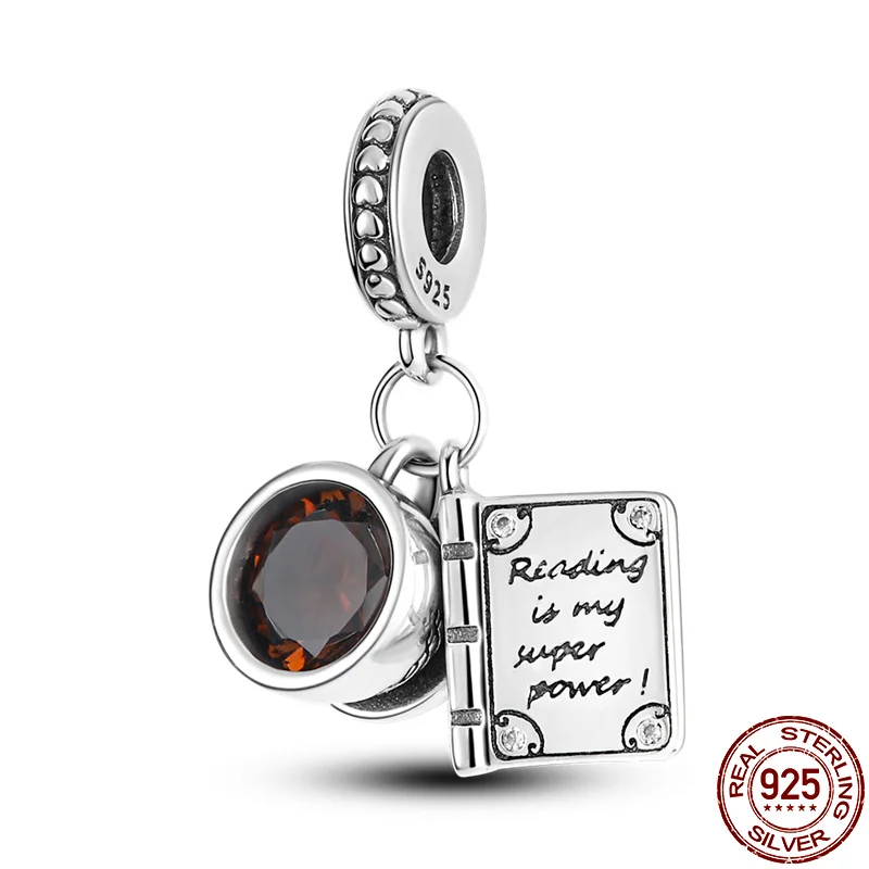 

New PLATA Charm Of Ley 925 Silver Snape Air Book and Coffee Cup Beads Suitable For Women Original Pandora Bracelet DIY Jewelry
