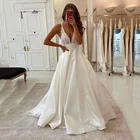 Белое Атласное ТРАПЕЦИЕВИДНОЕ свадебное платье MYYBLE, сексуальное свадебное платье с V-образным вырезом, простое платье с аппликацией, открытой спиной и карманом в стиле бохо, свадебное платье